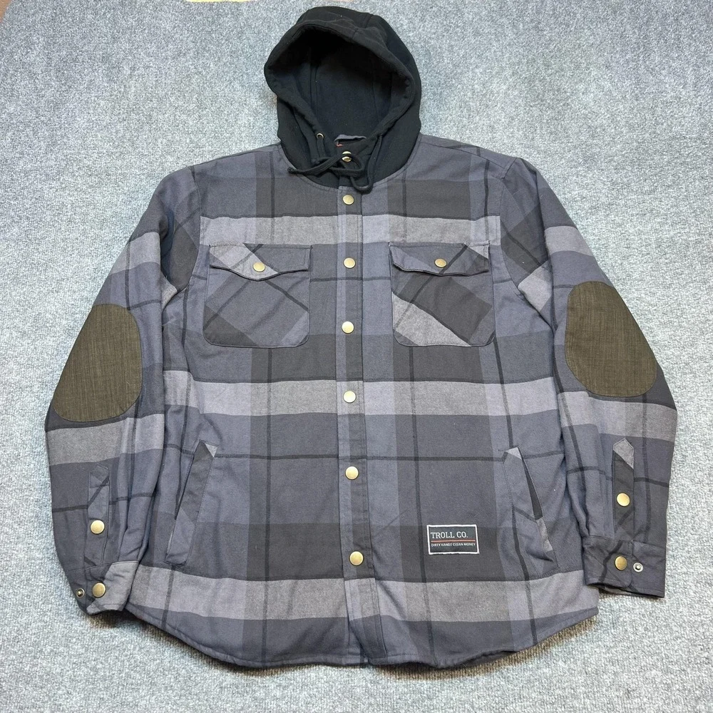 Troll Co Jacket Mens Large Gray Plaid Flannel Hooded Sherpa Lined Parka Snap